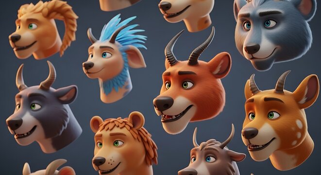 Collection of 3d cartoon animal character heads in different colors