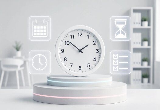 Floating holographic time tracking dashboard featuring glowing clock icons, analytics, metrics, and digital monitoring interface for productivity, scheduling, business intelligence, and performance.