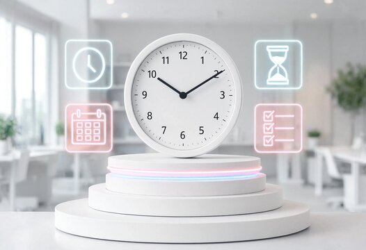 Floating holographic time tracking dashboard featuring glowing clock icons, analytics, metrics, and digital monitoring interface for productivity, scheduling, business intelligence, and performance.