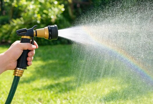 Hand squeezing garden hose trigger sprays refreshing water mist, creating vibrant rainbow in bright sunlight, symbolizing summer gardening, irrigation, lawn care, and outdoor lifestyle.