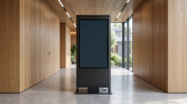 Digital signage kiosk mockup in modern office hallway, blank vertical screen totem with black frame, minimalist wooden interior with led lighting