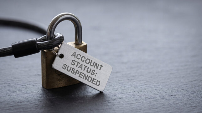 Metal padlock with a suspended account status tag on dark slate