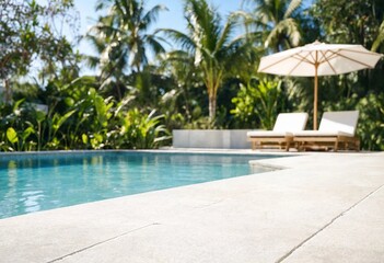 Fototapeta premium White tiled poolside terrace with blurred luxury swimming pool and lush greenery, ideal for product display, summer travel, hospitality, resort, relaxation, and branding.