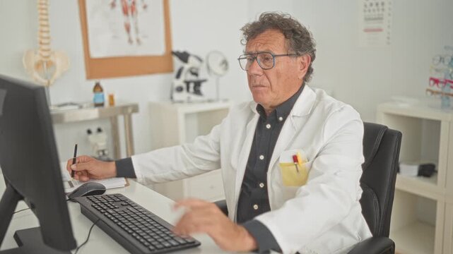 Man in white coat with glasses reaches for mouse and types at computer keyboard in optometrist clinic building; concentration.