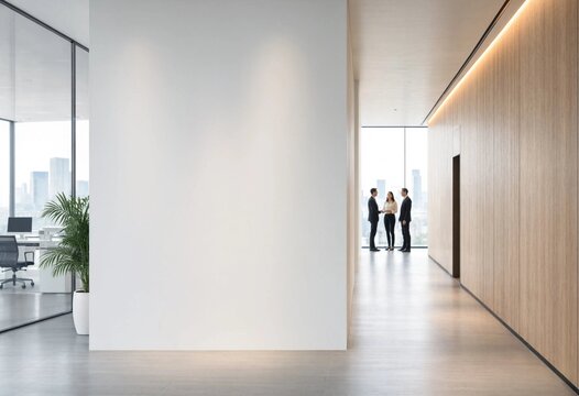 Modern corporate hallway interior featuring a large blank wall mockup for branding, signage, advertising, or poster presentation in a clean contemporary office environment.