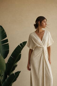 Elegant woman in cream tie-front dress with draped neckline posing confidently indoors near large tropical banana plant, soft natural lighting, minimalist lifestyle concept