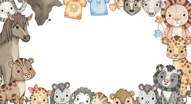 Watercolor animal frame with various cute cartoon zoo characters