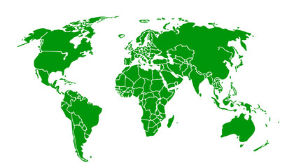 Green world map vector with detailed country boundaries in flat style for global business and education. Modern international geography illustration ideal for travel, logistics and infographic design. © Sk
