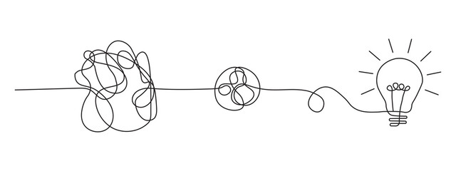 Continuous one line drawing showing chaotic thoughts transforming into a bright light bulb idea. Creative problem solving concept illustration ideal innovation, brainstorming and business success.