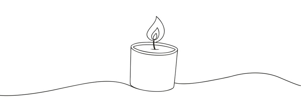 Minimal continuous one line candle drawing with glowing flame and elegant flowing stroke. Simple memorial, meditation and celebration illustration ideal for branding, cards and creative design.