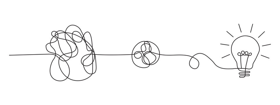 Continuous one line drawing showing chaotic thoughts transforming into a bright light bulb idea. Creative problem solving concept illustration ideal innovation, brainstorming and business success.