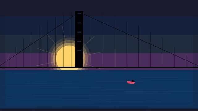 Stylized Minimalist Illustration of a Suspension Bridge at Night