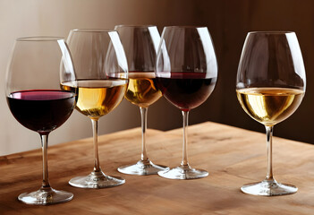 Obraz premium Five wine glasses filled with red and white wine on a rustic wooden table, a variety of vintages for tasting