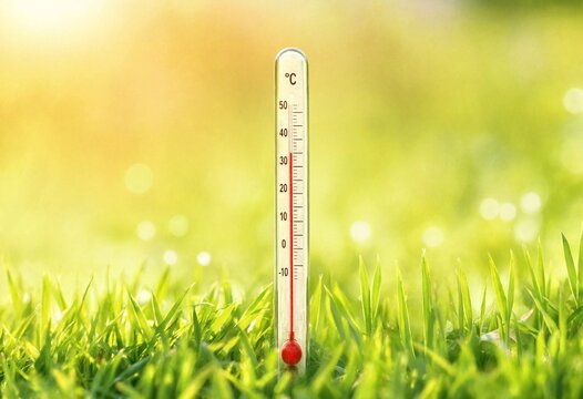 High thermometer in lush meadow beneath blazing sun illustrating extreme heatwave, rising temperatures, climate change, global warming, summer weather, and environmental impact.