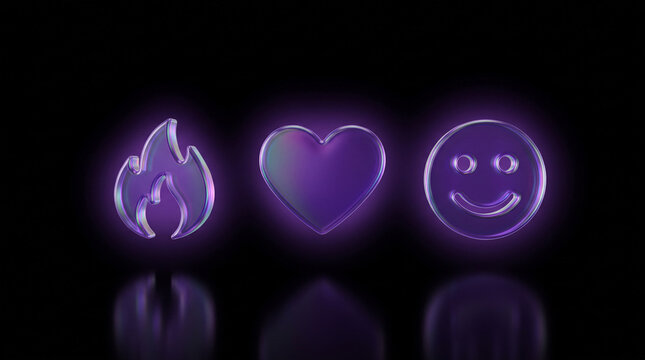 Glowing purple heart fire and smiley face symbols.