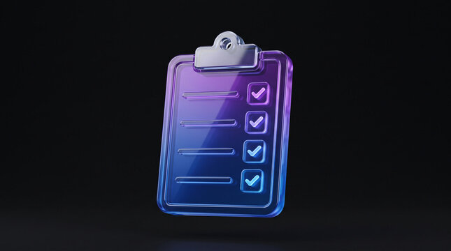 Glowing glass 3D clipboard icon with checkmark list.