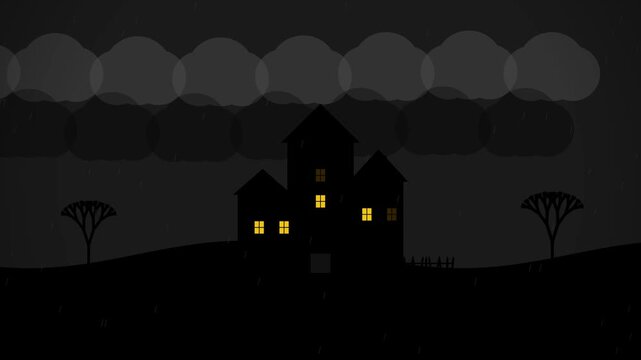 Spooky haunted house silhouette in the rain under a stormy sky