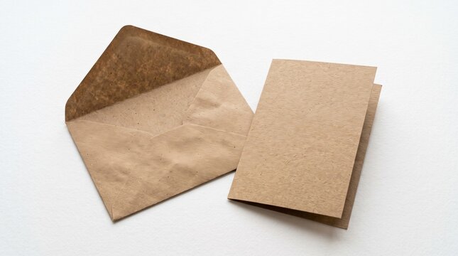 Rustic brown kraft paper envelope and blank greeting card mockup, recycled stationery set, eco-friendly invitation template on white background