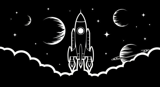 Space rocket launching past planets and stars.