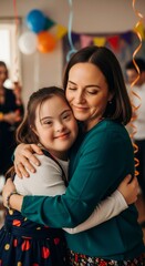 Obraz premium Mother hugging daughter with Down syndrome at celebration party. Warm embrace celebrating World Down Syndrome Day. Inclusive family love, care and support concept for special needs child.