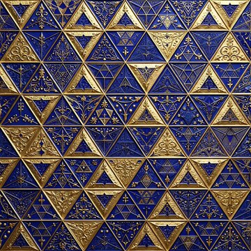 Luxurious royal blue and metallic gold seamless pattern with intricate filigree triangle tiles. Ideal for elegant wall art, royal backdrops, premium packaging, and wedding invitations.
