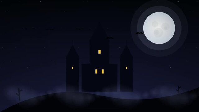 Spooky Haunted Castle Silhouette under Full Moon Night