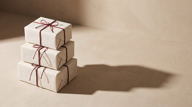 A stack of three minimalist gift boxes wrapped in plain paper with simple twine.