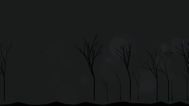 Minimalist silhouette of spooky dead trees in dark forest at night