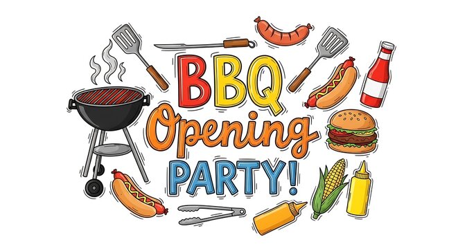 Bbq opening party celebration flyer with food and grill