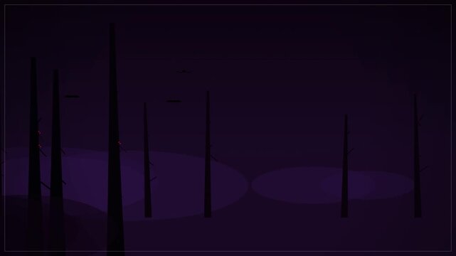 Dark Spooky Forest with Glowing Red Eyes and Silhouette Trees