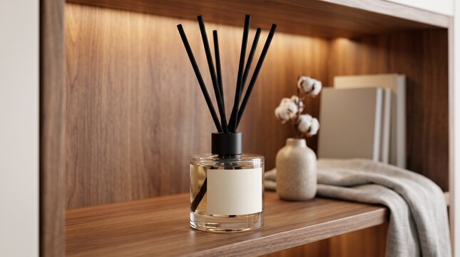 Minimalist reed diffuser with black sticks on wooden shelf, luxury home fragrance glass bottle, cozy interior decor with warm lighting and cotton flowers