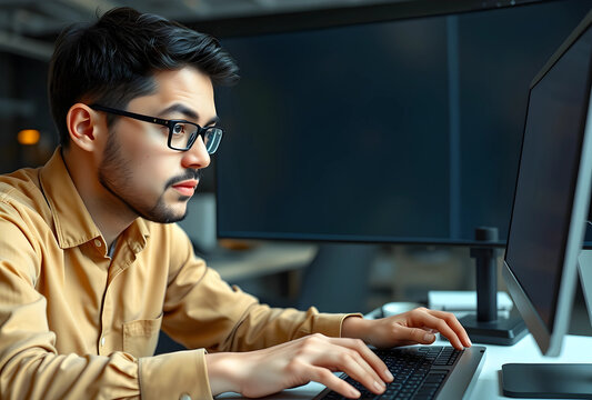 Young man with glasses focused on typing at a computer keyboard in a modern office setting, He is working in a modern office environment with a large monitor visible in the background