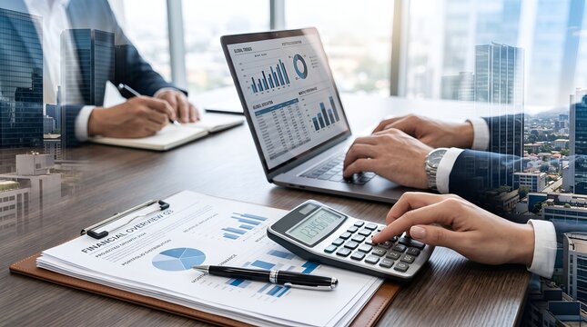 Business meeting with financial reports and city skyline overlay