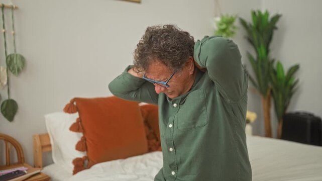 Man massaging neck on bed in bedroom, hands at nape and glasses visible beside pillow and plant; discomfort.
