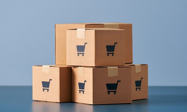 a stack of five cardboard boxes is arranged in a pyramid shape on a simple background. the pile consists of three boxes at the base, and two resting on top
