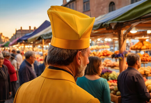 Man in a yellow miter hat and jacket at an outdoor market with blurred people and food stalls, the background features blurred figures of other people, colorful market stalls