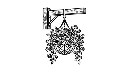 Obraz premium Industrial Black and White Hanging Flower Basket Sign with Rustic Wooden Hook and Chain Design with high quality professional line art symbols for modern creative design and digital branding projects