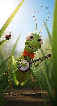 Whimsical grasshopper playing a banjo in the grass