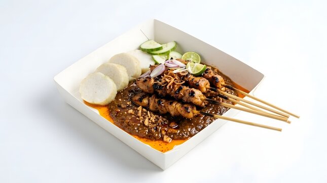 Delicious grilled chicken satay skewers served with peanut sauce, cucumber, lime, and rice cakes in a paper box.