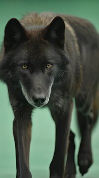 Intense portrait of a black wolf walking forward with piercing amber eyes set against a blurred green background a symbol of wildness strength and untamed nature