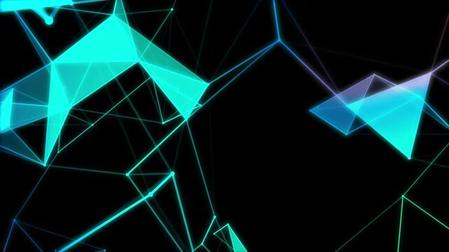 4K Abstract Digital Plexus Stock Animation with Moving Line Dots and Dual Color Cyan Orange Polygons for Hi-Tech Data Network Split Background