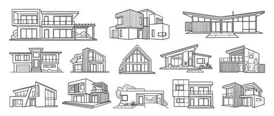 Fototapeta premium Collection of modern house designs in sketch style