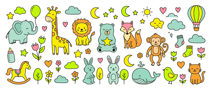 Cute cartoon animals and objects, baby shower elements, isolated illustration