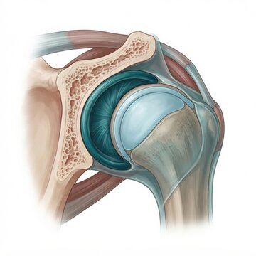 Illustration shows tendon, ligament, and labrum structures in the knee and shoulder joint focusing on their anatomy and function in sports medicine.