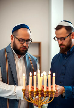 Two jewish men in kippahs and glasses lighting candles on a golden menorah for Hanukkah celebration, Hanukkah celebration, a significant jewish holiday filled with tradition and spiritual