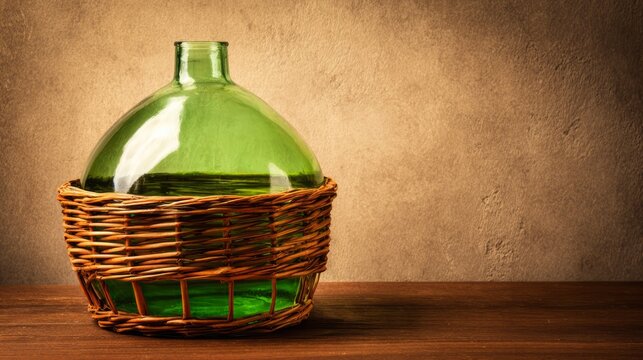 Glass carboy in wicker basket, traditional home beverage vessel.