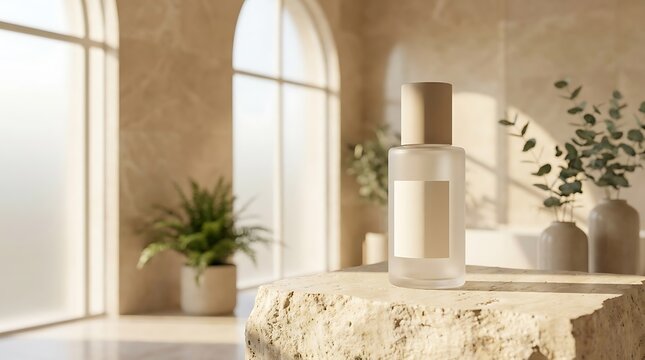 Frosted glass perfume bottle mockup on rough stone block in bright warm minimalist interior with plants