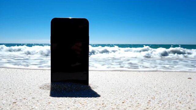 Smartphone stuck in sand on a sunny beach shore