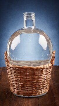 Glass carboy in wicker basket, traditional home beverage vessel.