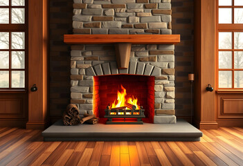 Obraz premium Cozy stone fireplace with a burning fire and wooden mantelpiece in a rustic living room interior, the rustic interior features a hearth with logs and flames